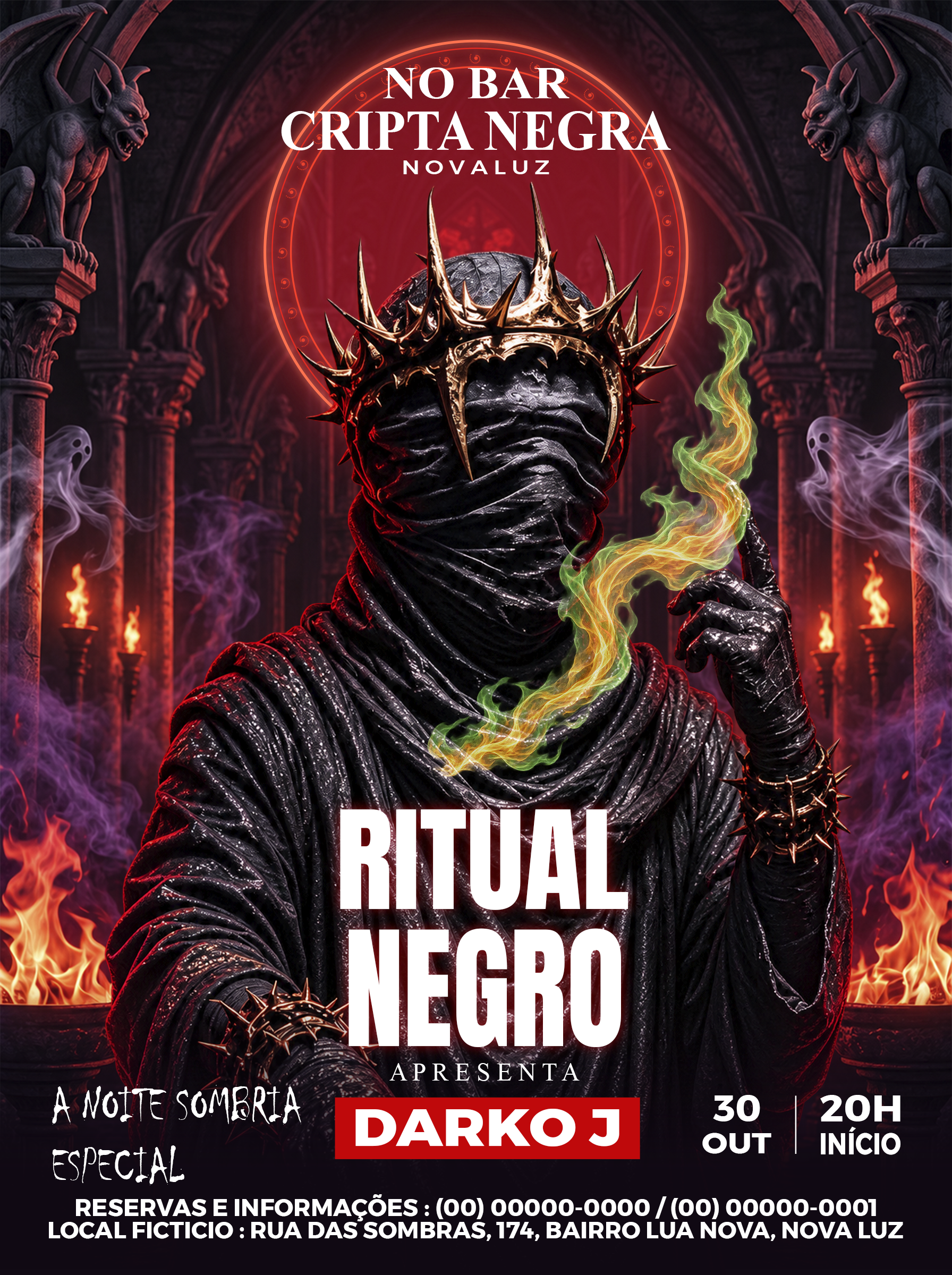 Ritual Negro com figura coroada, cenário gótico e chamas