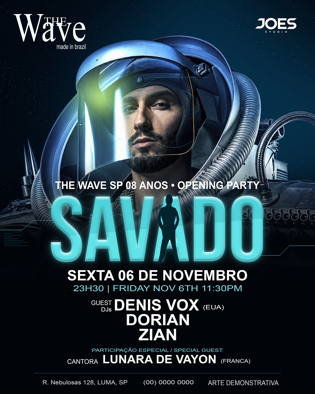 Flyer Savado com astronauta e título iluminado em ciano
