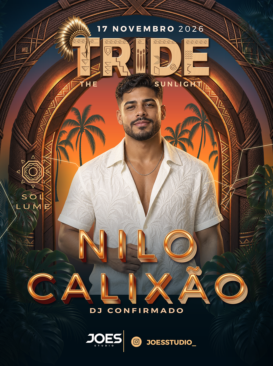 Flyer Tride com retrato, portal de madeira e letras douradas